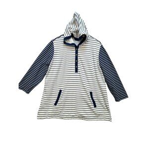 Lands End Womens Henley Hooded Sweater Blue White Two Toned Strip Pullover